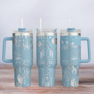 Tumbler mit Gravur - Motiv Ghost, Geist - hellblau