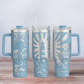 Tumbler mit Gravur - Motiv Leuchtturm - hellblau