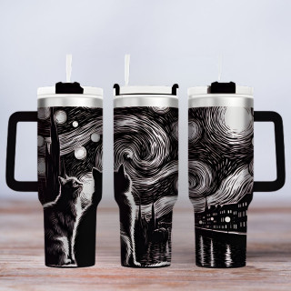 Tumbler mit Gravur - Motiv Cat Night - schwarz